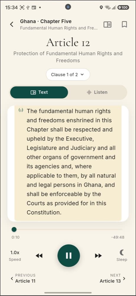 Preamble reader showing Article 12 of Ghana's constitution with the audio player.