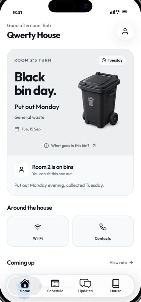 Rimeroo home screen for Qwerty House: it is Room 2's turn for black bin day, put out Monday, with Wi-Fi and contacts below.